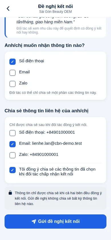 Màn hình đề nghị kết nối, chọn thông tin muốn chia sẻ